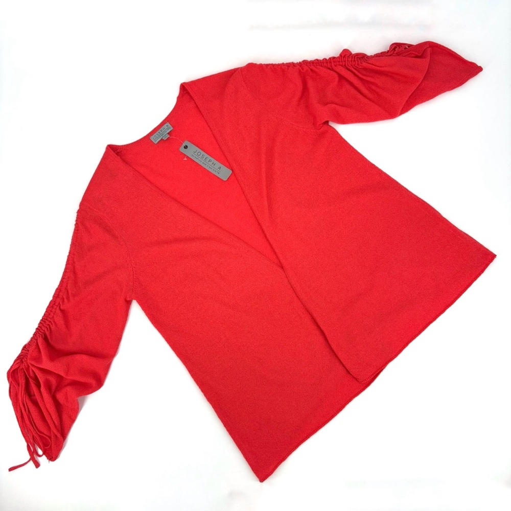Joseph A. NWT Orange-Red Open Front Ruched Sleeve Lightweight Cardigan, Medium